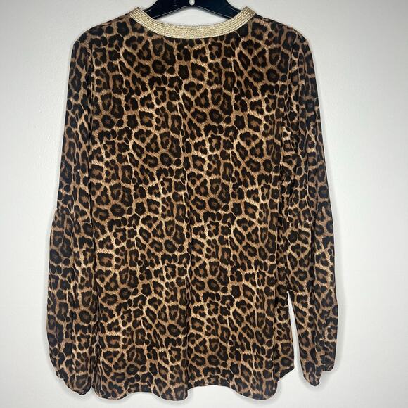 Michael Kors Leopard Print Blouse Gold Metallic Trim V-Neck Long Sleeve Sz S - Picture 6 of 10